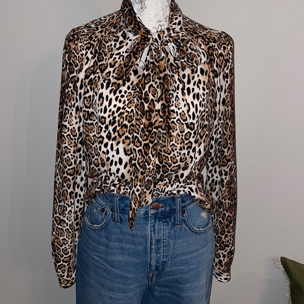 WHBM leopard tie blouse button down blouse size M